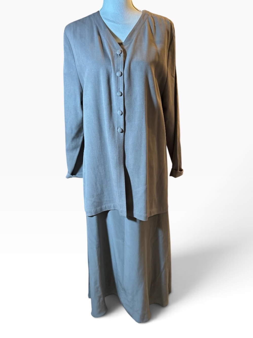 Eileen Fisher Silk Soft Taupe V-Neck Silk Button Front Jacket and Dress Set